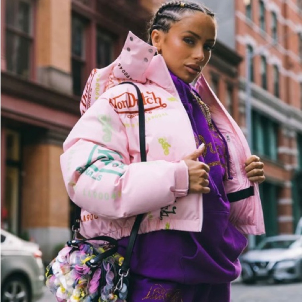VON DUTCH PARIS Pink Logo Print Women’s Crop Puffer Jacket Coat Original $1025